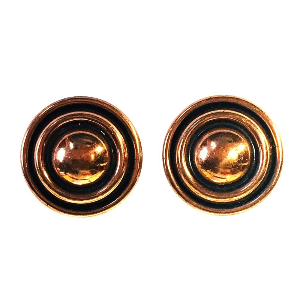 Vintage Renoir Geometric Modernist Domed Copper Bullseye Clip On Earrings